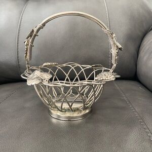 Vintage Basket, Godinger Silverplate, Pierced / Wire Grapes & Leaves with Handle